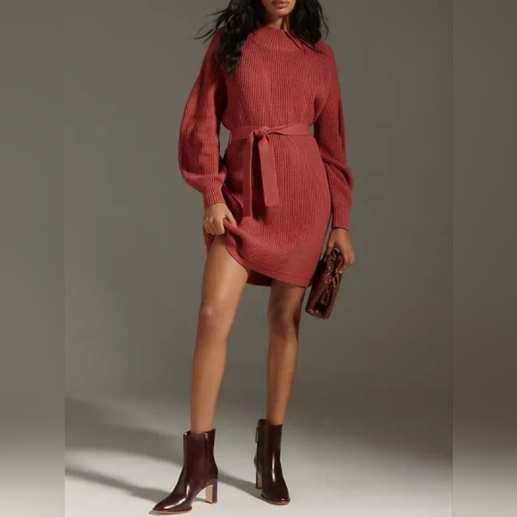 Maeve Long-Sleeve Mock-Neck Tie-Waist Mini Sweater Dress, Balloon Sleev Cedar, M - Picture 1 of 9